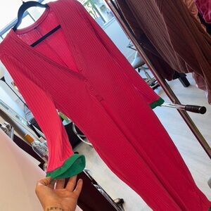 Pink Button-Up Jumpsuit with Green Cuffs